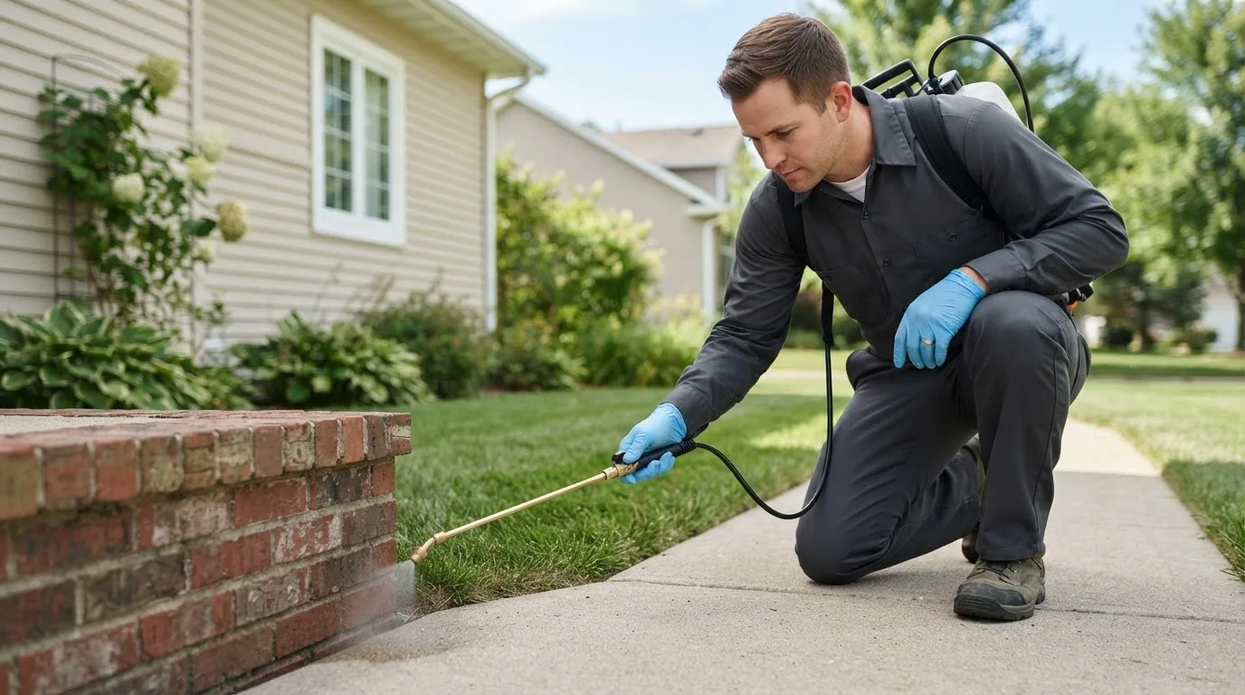 Pest control technician treating a home near Dodgeville, WI