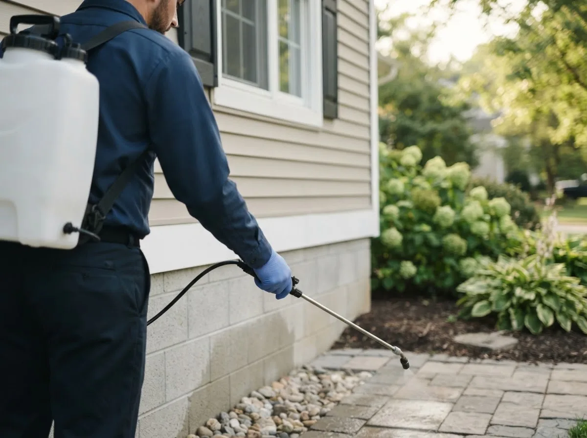 Pest control technician inspecting a home in Dodgeville, WI